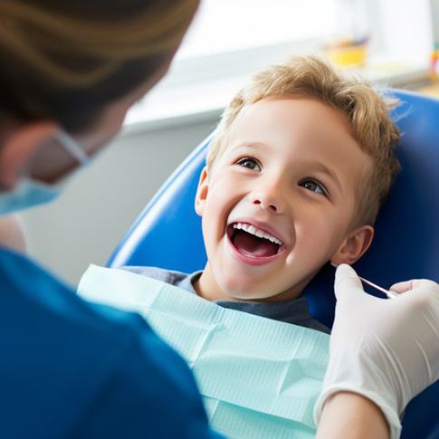 a child smiling up at his dentist 