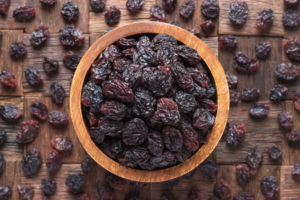 a close-up of a bowl of raisins 